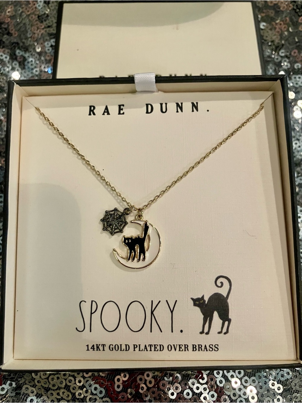 NIB Rae Dunn Gold Plated Black Cat Moon & Spiderweb Necklace
